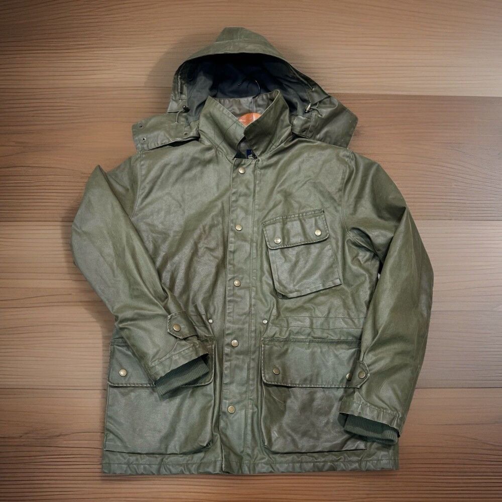 J.Crew Men L Waxed Cotton Field Jacket Olive Quilted Hooded A8942 Military Work - Picture 2 of 12
